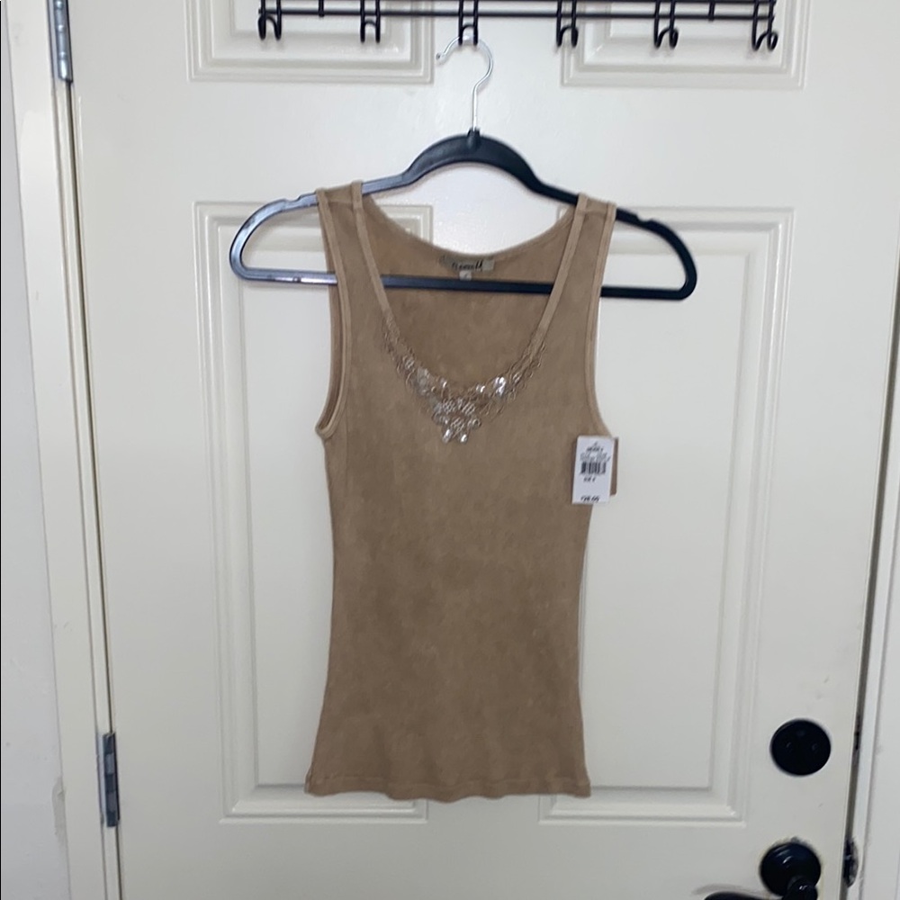 ONE WORLD Brown Fitted Sleeveless Tank Top with Embellished Neckline